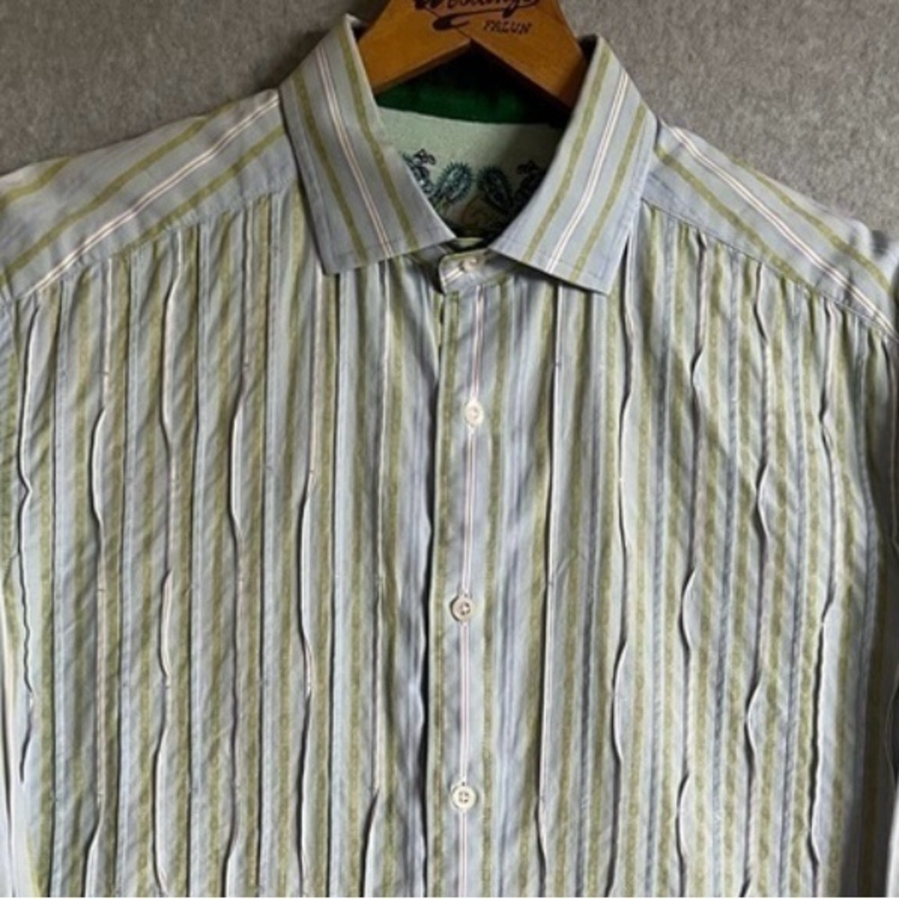 Robert Graham Shirt Mens Large Silk Trim Long Sleeve Flip Cuffs Embroidered